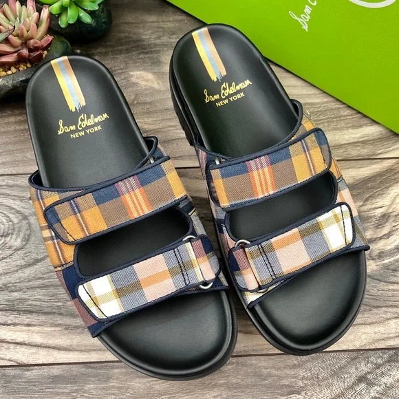 NIB Sam Edelman Eliana Two Strap Lug Sole Slide Sandal Mustard Plaid